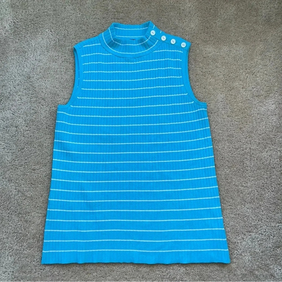 Talbots Sweaters - Talbots Turquoise Blue Rib Knit Striped Mock Neck Sleeveless Sweater - S - EUC